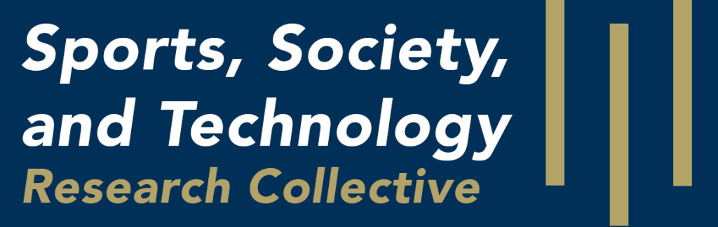 The words Sports, Society, and Technology Research Collective are written on a blue background.